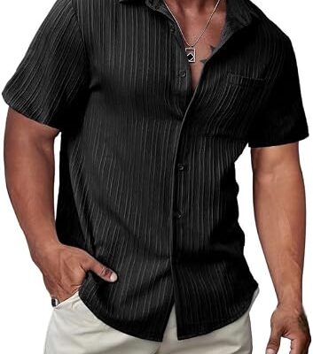 Men's Button Down Shirts Textured Short  Casual Summer Hawaiian Beach Shirt with Pocket