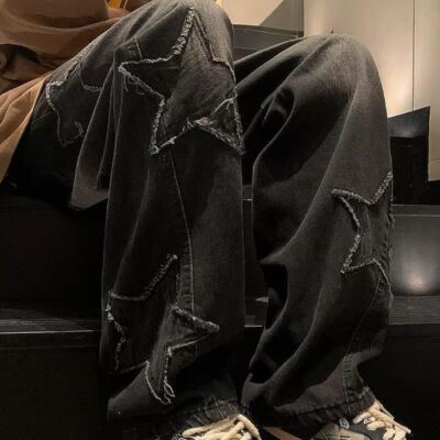 men  Star Jeans High Waisted Hip Hop Streetwear Jeans Loose Baggy Embroidery Aesthetic Harajuku Denim Pants