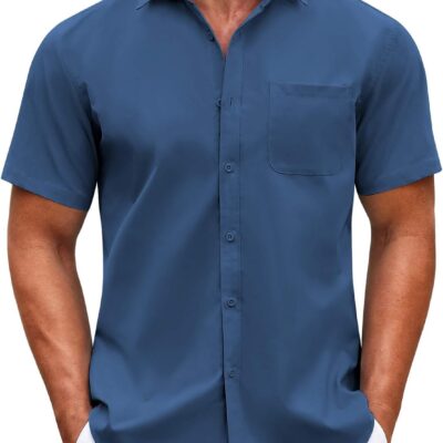 Mens Short Casual Button Down Shirts Summer Untucked Dress Shirts with Pocket