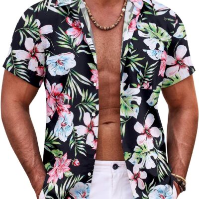 Mens Hawaiian Shirt Short  Button Down Shirts Tropical Summer Beach Shirts Casual Floral Aloha Shirts