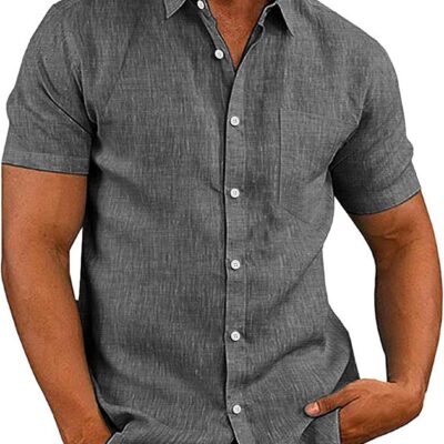Men's Casual Button Down Shirts Short  Linen Shirts Summer Beach Dress Shirt